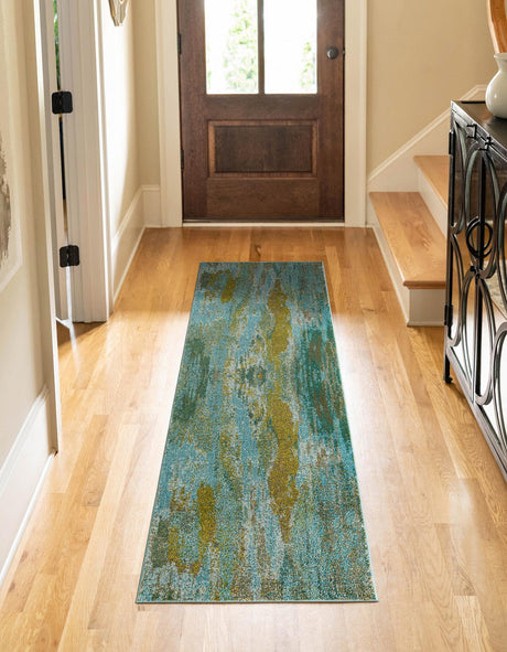 Turquoise 2' 7 x 10' Jardin Runner Area Rug 100% Polypropylene With Cotton Backing Colorful & Vivid Modern Carpet for Home Decor for Sale at Rug Engine