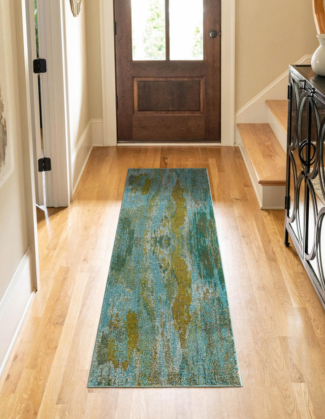 Turquoise 2' 7 x 10' Jardin Runner Area Rug 100% Polypropylene With Cotton Backing Colorful & Vivid Modern Carpet for Home Decor for Sale at Rug Engine