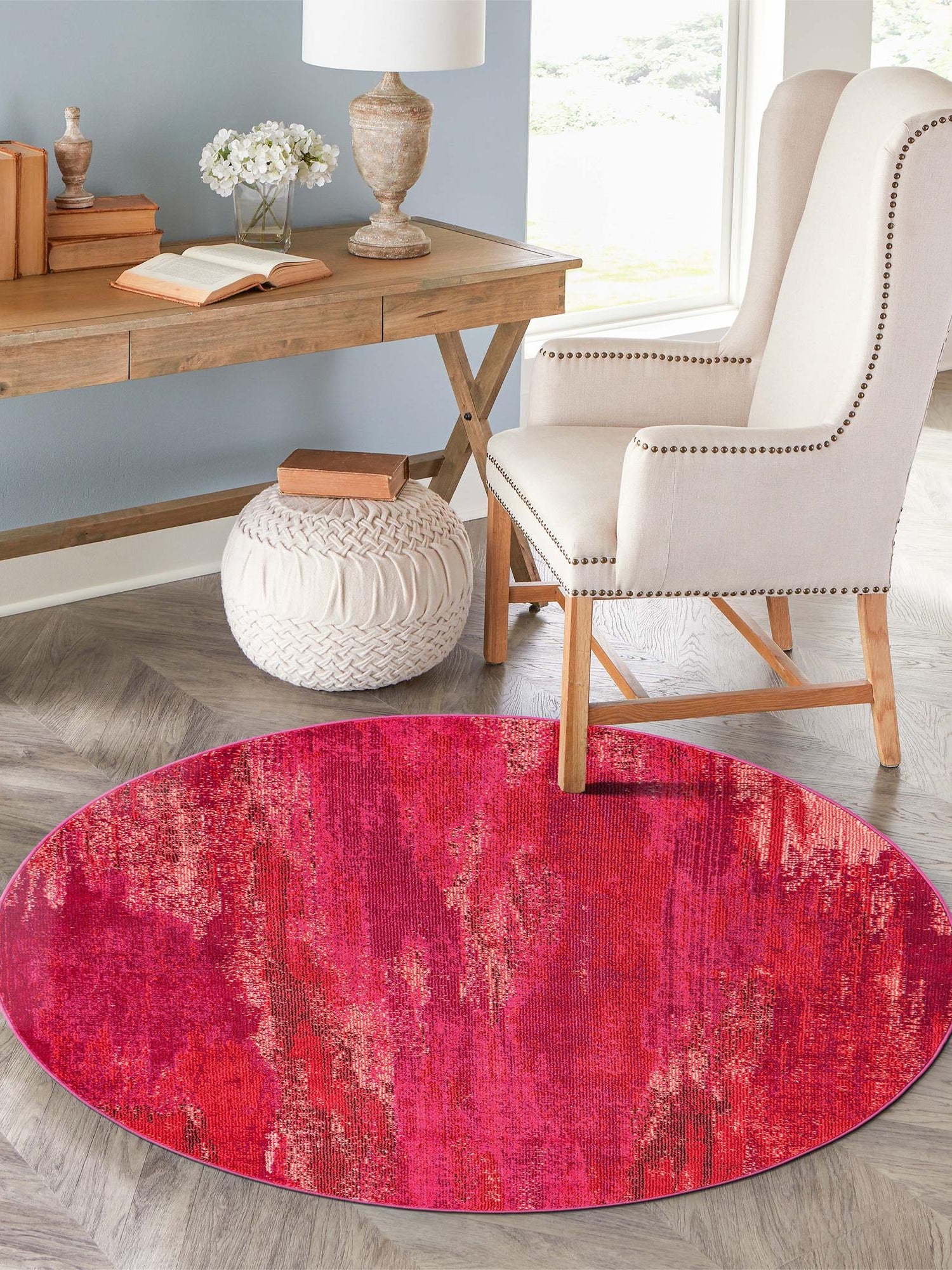 Pink 8' x 8' Jardin Round Area Rug 100% Polypropylene With Cotton Backing Colorful & Vivid Modern Carpet for Home Decor for Sale at Rug Engine