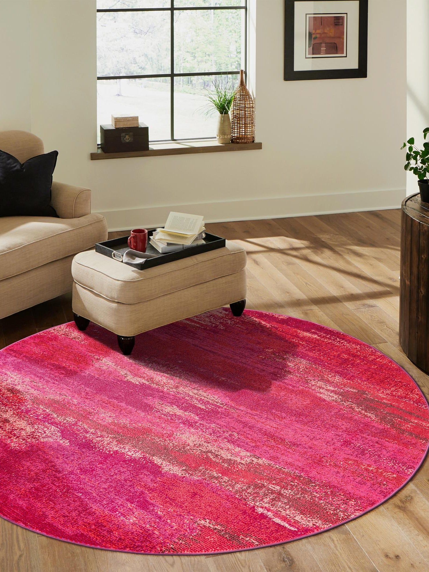 Pink 8' x 8' Jardin Round Area Rug 100% Polypropylene With Cotton Backing Colorful & Vivid Modern Carpet for Home Decor for Sale at Rug Engine