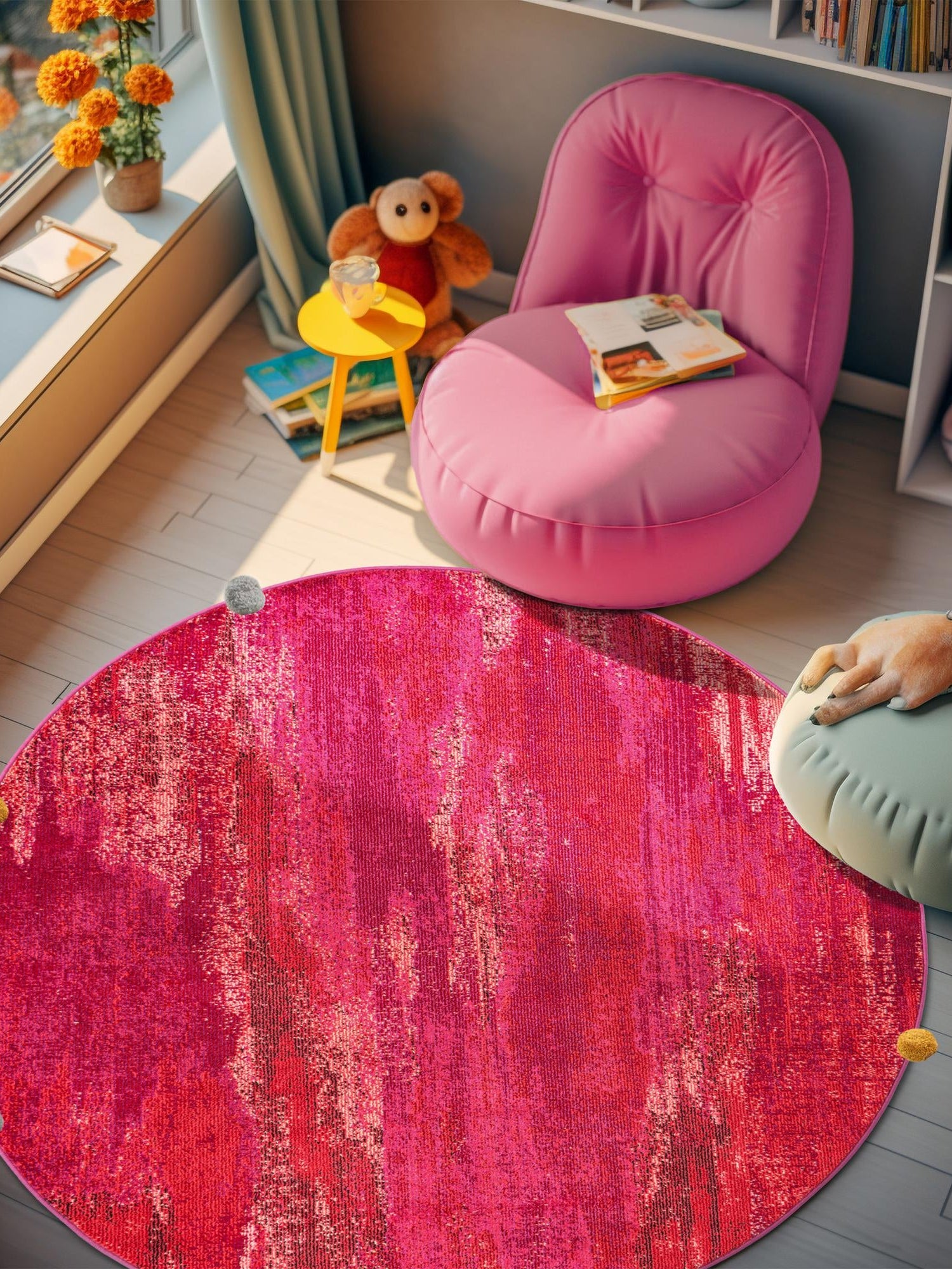 Pink 8' x 8' Jardin Round Area Rug 100% Polypropylene With Cotton Backing Colorful & Vivid Modern Carpet for Home Decor for Sale at Rug Engine