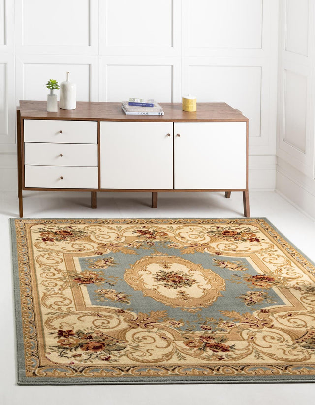 Light Blue 6' 1 x 6' 1 Versailles Square Area Rug Classic Traditional Motif Indoor Carpet for Hallways, Dining Rooms, Bedrooms, Living Room, Office for Sale at Rug Engine