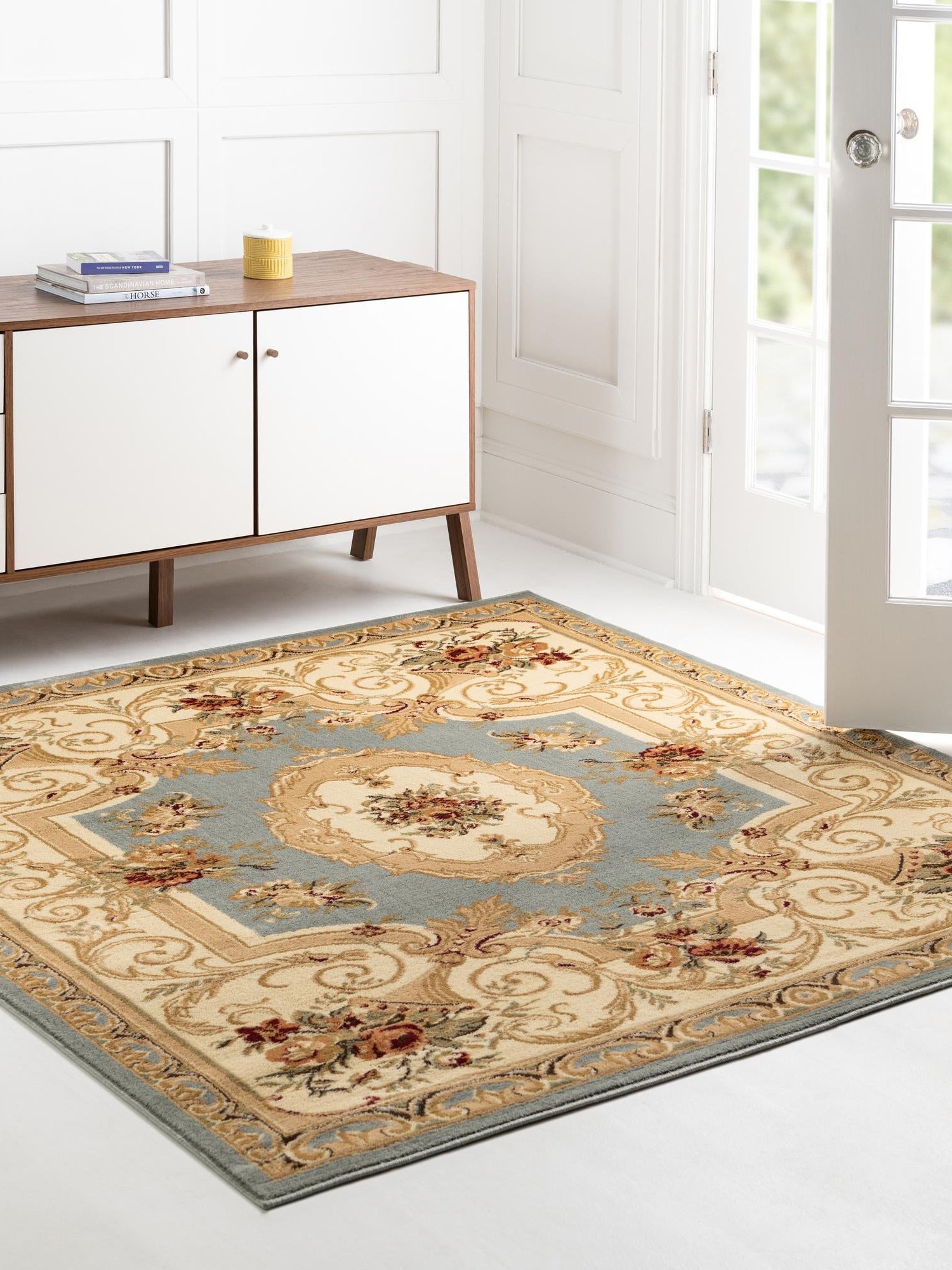 Light Blue 6' 1 x 6' 1 Versailles Square Area Rug Classic Traditional Motif Indoor Carpet for Hallways, Dining Rooms, Bedrooms, Living Room, Office for Sale at Rug Engine