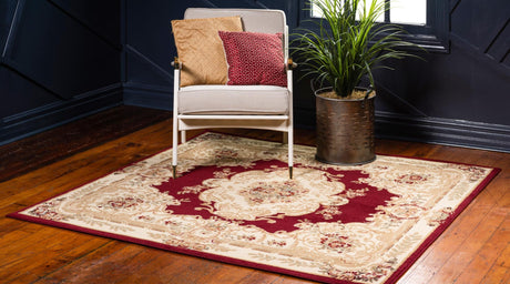 Red 7' 10 x 7' 10 Versailles Square Area Rug Classic Traditional Motif Indoor Carpet for Hallways, Dining Rooms, Bedrooms, Living Room, Office for Sale at Rug Engine