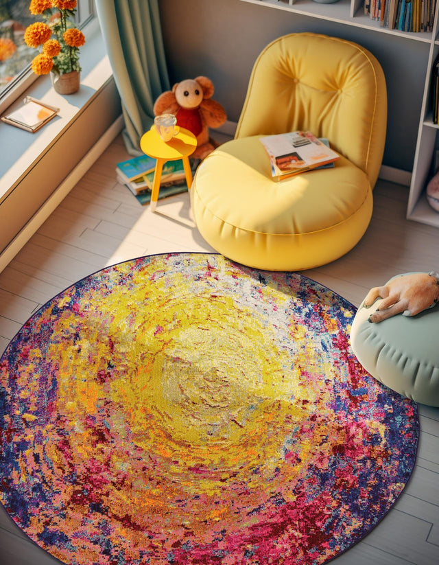 Multicolor 6' x 6' Estrella Round Area Rug 100% Polypropylene Non-Shedding Stain Resistant Carpet Colorful Modern Abstract Design Easy Clean for Home Decor for Sale at Rug Engine