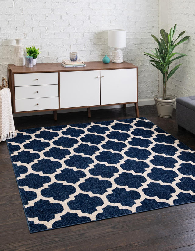 Dark Blue 7' 10 x 7' 10 Trellis Square Area Rug