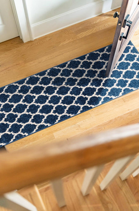 Dark Blue 2' 7 x 16' 5 Trellis Runner Area Rug Geometric Modern Unique Durable Easy Clean Carpet for Contemporary Interior Design for Sale at Rug Engine