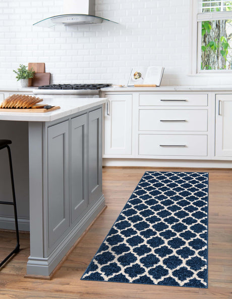 Dark Blue 2' 7 x 8' Trellis Runner Area Rug Geometric Modern Unique Durable Easy Clean Carpet for Contemporary Interior Design for Sale at Rug Engine