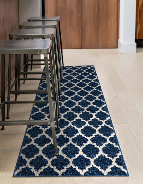 Dark Blue 2' 7 x 19' 8 Trellis Runner Area Rug Geometric Modern Unique Durable Easy Clean Carpet for Contemporary Interior Design for Sale at Rug Engine
