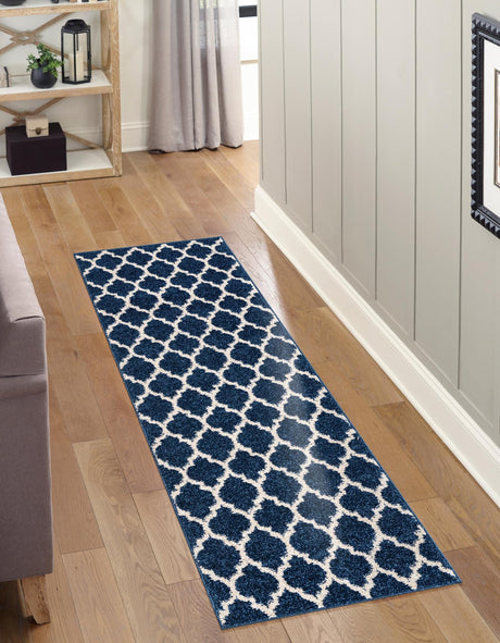 Dark Blue 2' 7 x 16' 5 Trellis Runner Area Rug Geometric Modern Unique Durable Easy Clean Carpet for Contemporary Interior Design for Sale at Rug Engine