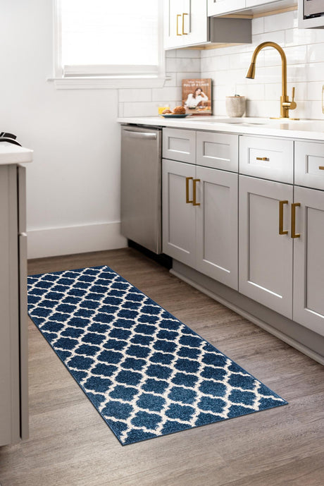 Dark Blue 2' x 6' 1 Trellis Runner Area Rug Geometric Modern Unique Durable Easy Clean Carpet for Contemporary Interior Design for Sale at Rug Engine