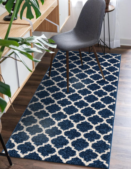Dark Blue 2' 7 x 10' Trellis Runner Area Rug Geometric Modern Unique Durable Easy Clean Carpet for Contemporary Interior Design for Sale at Rug Engine