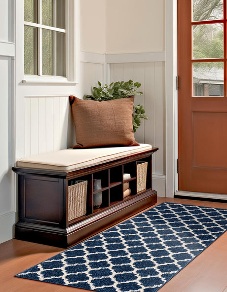 Dark Blue 2' x 6' 1 Trellis Runner Area Rug Geometric Modern Unique Durable Easy Clean Carpet for Contemporary Interior Design for Sale at Rug Engine