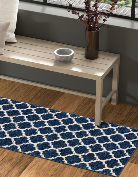 Dark Blue 2' 7 x 16' 5 Trellis Runner Area Rug Geometric Modern Unique Durable Easy Clean Carpet for Contemporary Interior Design for Sale at Rug Engine