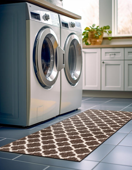 Brown 2' 7 x 8' Trellis Runner Area Rug Geometric Modern Unique Durable Easy Clean Carpet for Contemporary Interior Design for Sale at Rug Engine