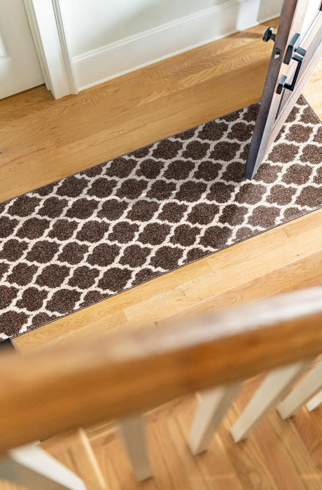 Brown 2' 7 x 16' 5 Trellis Runner Area Rug Geometric Modern Unique Durable Easy Clean Carpet for Contemporary Interior Design for Sale at Rug Engine