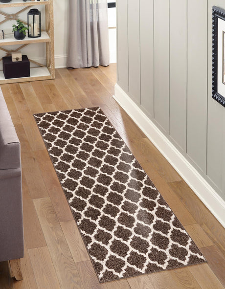 Brown 2' 7 x 16' 5 Trellis Runner Area Rug Geometric Modern Unique Durable Easy Clean Carpet for Contemporary Interior Design for Sale at Rug Engine