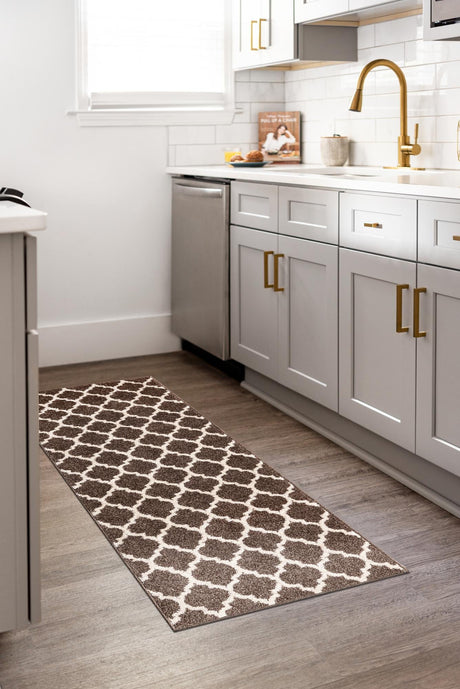 Brown 2' 7 x 8' Trellis Runner Area Rug Geometric Modern Unique Durable Easy Clean Carpet for Contemporary Interior Design for Sale at Rug Engine