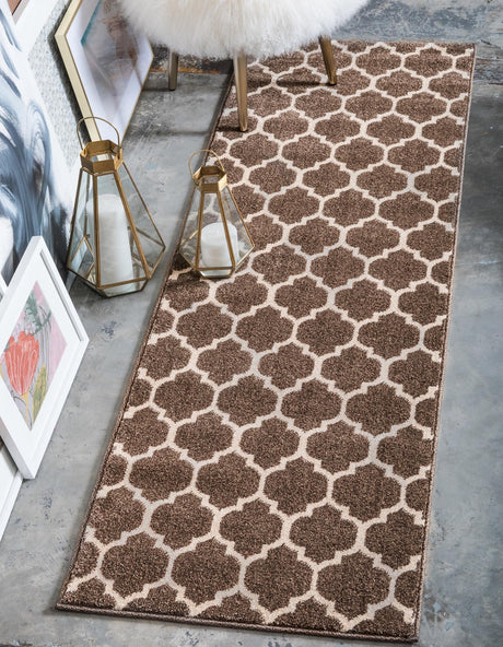 Brown 2' 7 x 10' Trellis Runner Area Rug Geometric Modern Unique Durable Easy Clean Carpet for Contemporary Interior Design for Sale at Rug Engine