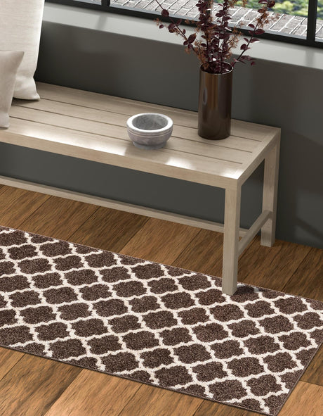 Brown 2' 7 x 8' Trellis Runner Area Rug Geometric Modern Unique Durable Easy Clean Carpet for Contemporary Interior Design for Sale at Rug Engine