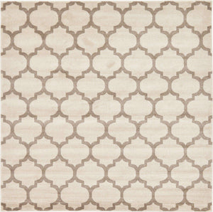 Beige and Light Brown 7' 10 x 7' 10 Trellis Square Area Rug