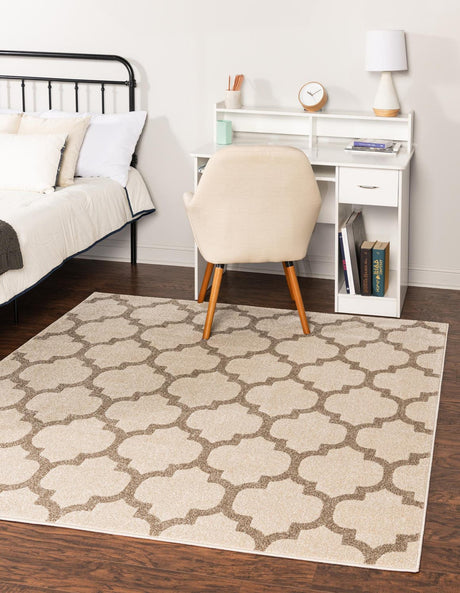 Beige and Light Brown 7' 10 x 7' 10 Trellis Square Area Rug