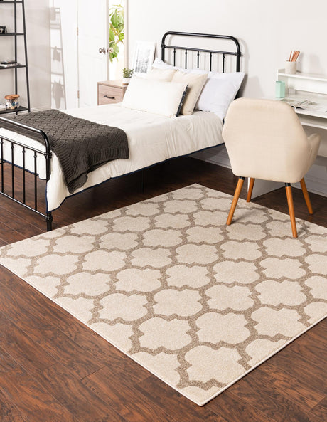 Beige and Light Brown 10' x 10' Trellis Square Area Rug Geometric Modern Unique Durable Easy Clean Carpet for Contemporary Interior Design for Sale at Rug Engine