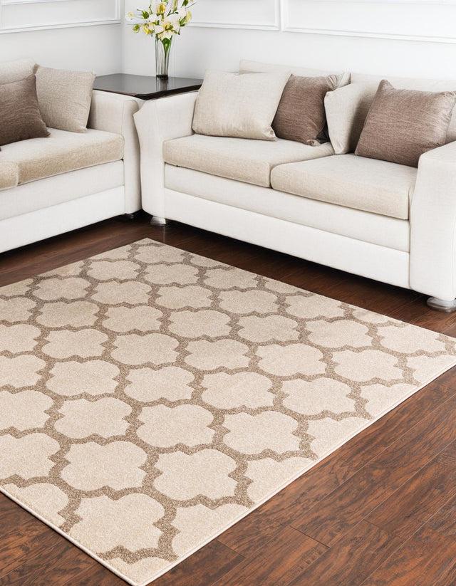 Beige and Light Brown 7' 10 x 7' 10 Trellis Square Area Rug