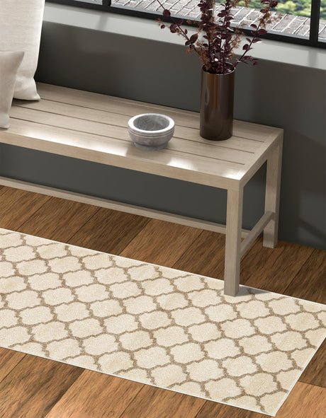 Beige and Light Brown 2' 7 x 16' 5 Trellis Runner Area Rug Geometric Modern Unique Durable Easy Clean Carpet for Contemporary Interior Design for Sale at Rug Engine