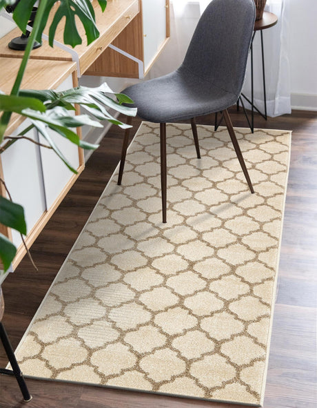Beige and Light Brown 2' 7 x 10' Trellis Runner Area Rug Geometric Modern Unique Durable Easy Clean Carpet for Contemporary Interior Design for Sale at Rug Engine