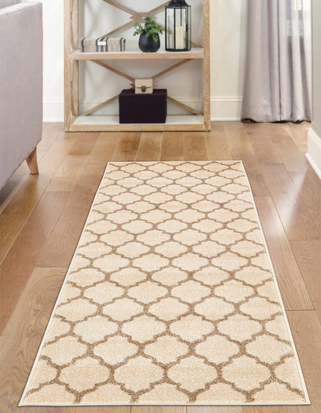 Beige and Light Brown 2' 7 x 19' 8 Trellis Runner Area Rug Geometric Modern Unique Durable Easy Clean Carpet for Contemporary Interior Design for Sale at Rug Engine