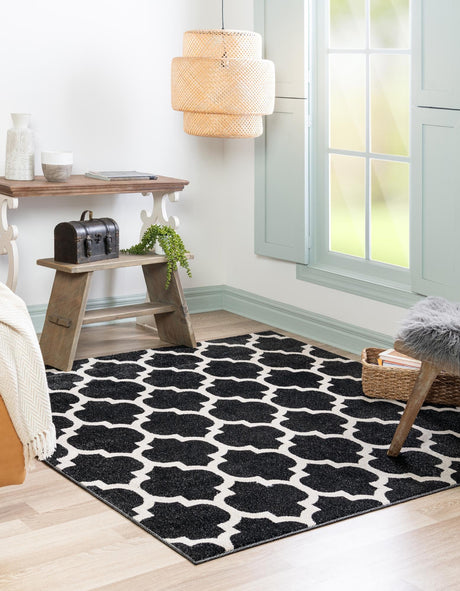 Black 6' 1 x 6' 1 Trellis Square Area Rug Geometric Modern Unique Durable Easy Clean Carpet for Contemporary Interior Design for Sale at Rug Engine