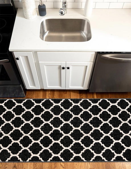 Black 2' 7 x 19' 8 Trellis Runner Area Rug Geometric Modern Unique Durable Easy Clean Carpet for Contemporary Interior Design for Sale at Rug Engine