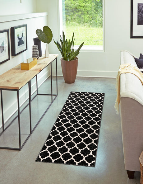Black 2' 7 x 10' Trellis Runner Area Rug Geometric Modern Unique Durable Easy Clean Carpet for Contemporary Interior Design for Sale at Rug Engine
