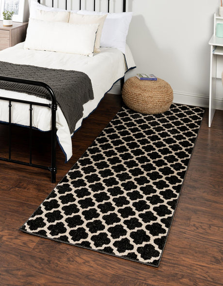 Black 2' 7 x 10' Trellis Runner Area Rug Geometric Modern Unique Durable Easy Clean Carpet for Contemporary Interior Design for Sale at Rug Engine