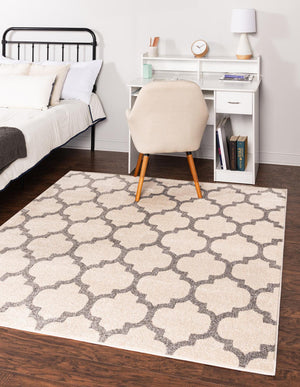 Beige and Gray 7' 10 x 7' 10 Trellis Square Area Rug
