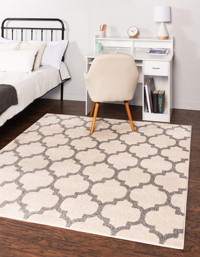 Beige and Gray 6' 1 x 6' 1 Trellis Square Area Rug