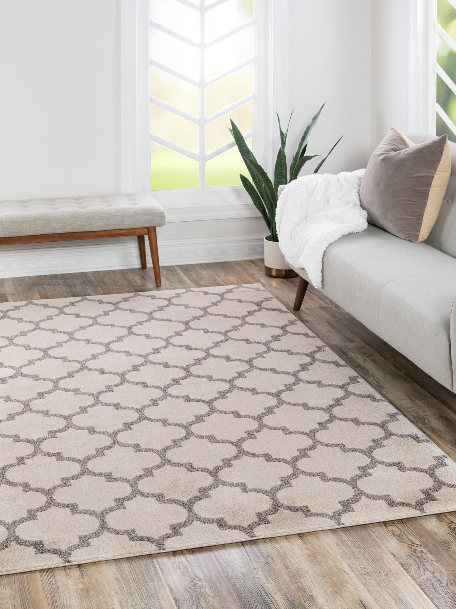 Beige and Gray 7' 10 x 7' 10 Trellis Square Area Rug