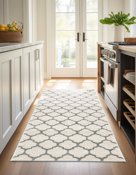 Beige and Gray 2' 7 x 10' Trellis Runner Area Rug Geometric Modern Unique Durable Easy Clean Carpet for Contemporary Interior Design for Sale at Rug Engine