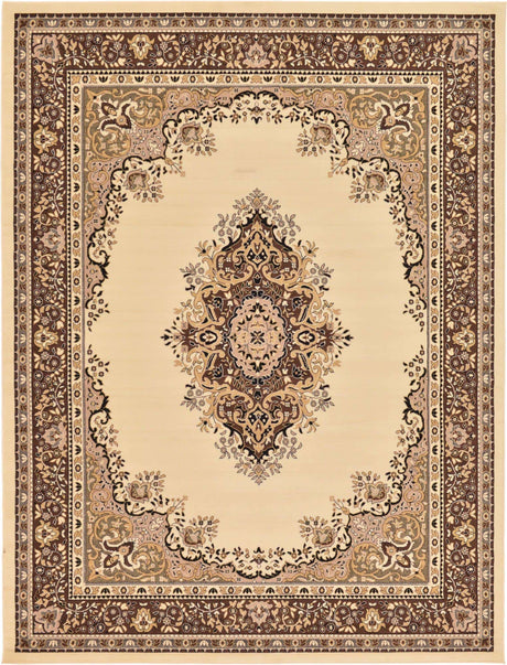Ivory 9' x 12' Reza Rectangle Area Rug 100% Polypropylene Easy Clean Traditional Motif Classic Carpet for Home Interiors for Sale at Rug Engine