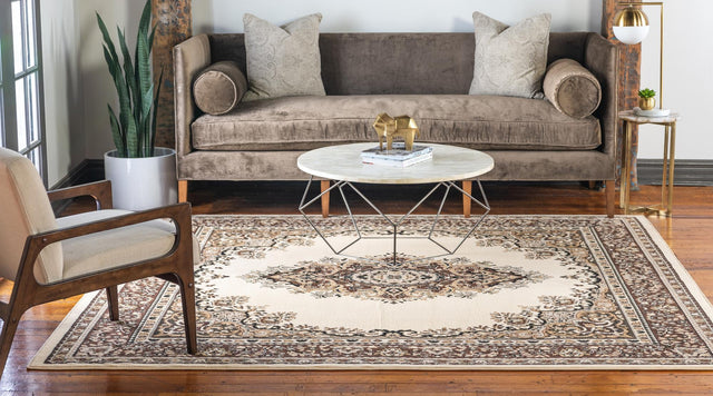 Ivory 7' 10 x 7' 10 Reza Square Area Rug 100% Polypropylene Easy Clean Traditional Motif Classic Carpet for Home Interiors for Sale at Rug Engine