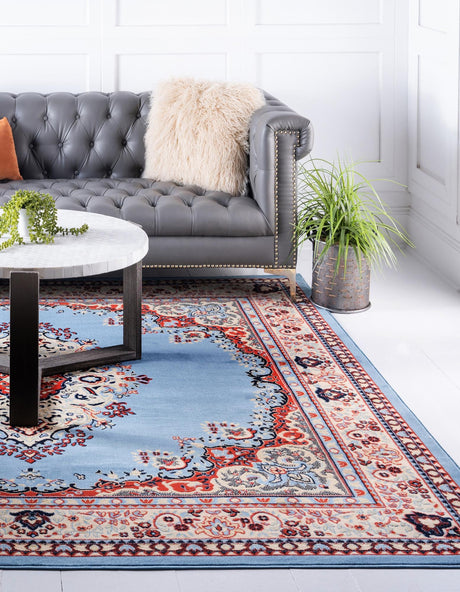 Light Blue 7' 10 x 7' 10 Reza Square Area Rug 100% Polypropylene Easy Clean Traditional Motif Classic Carpet for Home Interiors for Sale at Rug Engine