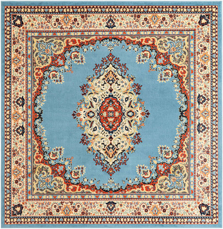Light Blue 7' 10 x 7' 10 Reza Square Area Rug 100% Polypropylene Easy Clean Traditional Motif Classic Carpet for Home Interiors for Sale at Rug Engine