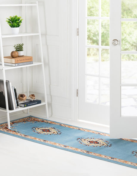 Light Blue 2' 7 x 10' Reza Runner Area Rug 100% Polypropylene Easy Clean Traditional Motif Classic Carpet for Home Interiors for Sale at Rug Engine
