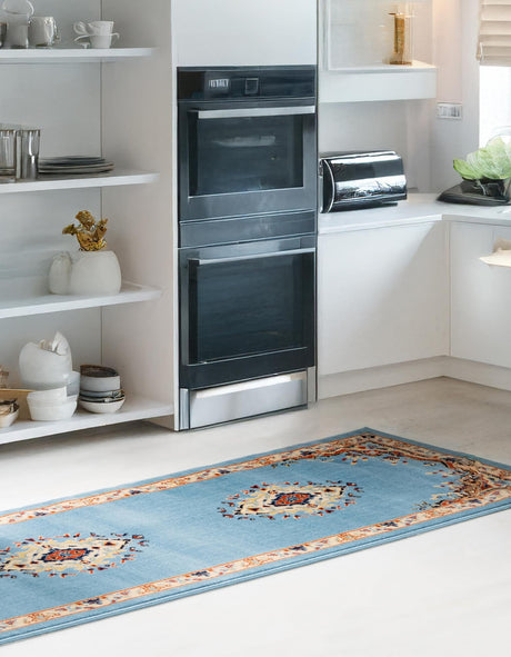 Light Blue 2' 7 x 10' Reza Runner Area Rug 100% Polypropylene Easy Clean Traditional Motif Classic Carpet for Home Interiors for Sale at Rug Engine