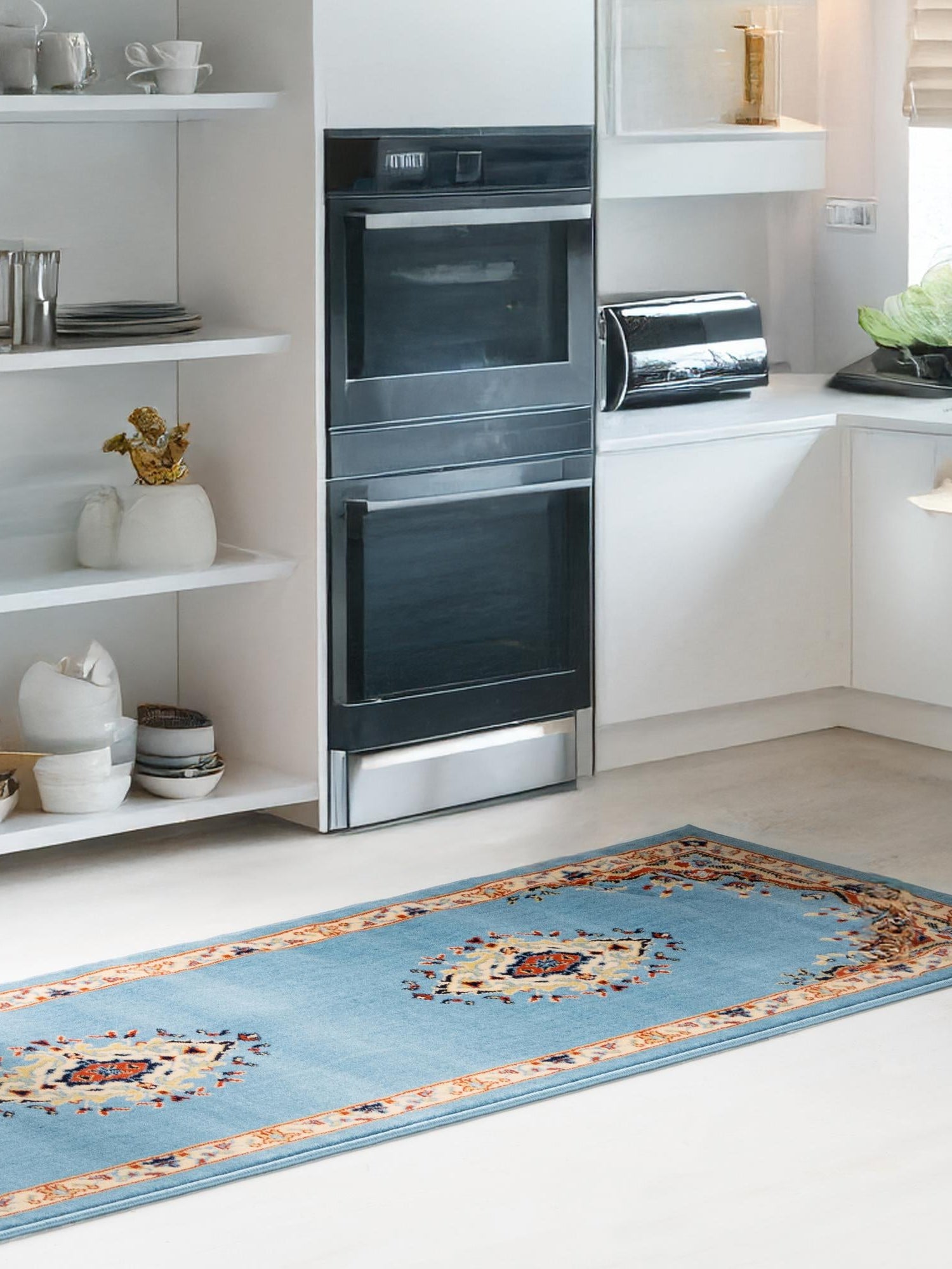 Light Blue 3' 1 x 16' 5 Reza Runner Area Rug 100% Polypropylene Easy Clean Traditional Motif Classic Carpet for Home Interiors for Sale at Rug Engine