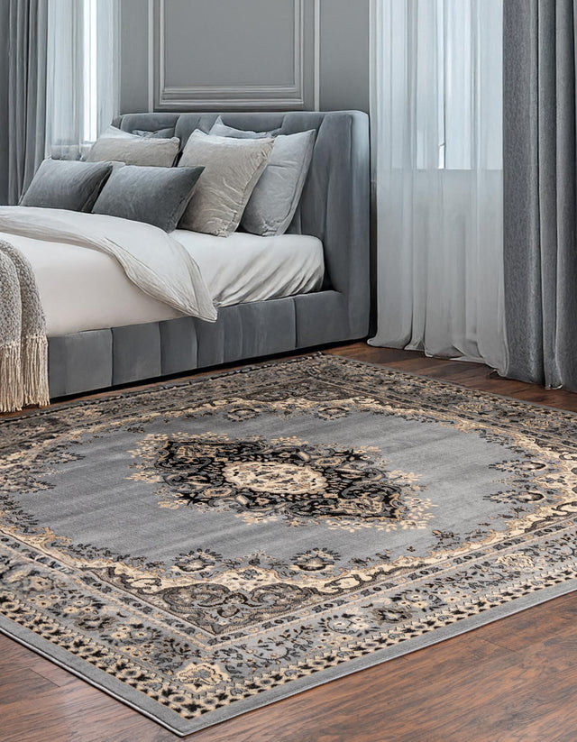 Gray 7' 10 x 7' 10 Reza Square Area Rug 100% Polypropylene Easy Clean Traditional Motif Classic Carpet for Home Interiors for Sale at Rug Engine