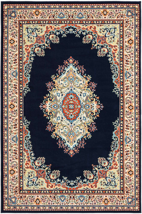 Navy Blue 6' 1 x 9' Reza Rectangle Area Rug 100% Polypropylene Easy Clean Traditional Motif Classic Carpet for Home Interiors for Sale at Rug Engine