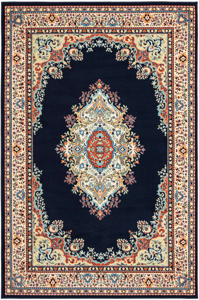 Navy Blue 6' 1 x 9' Reza Rectangle Area Rug 100% Polypropylene Easy Clean Traditional Motif Classic Carpet for Home Interiors for Sale at Rug Engine