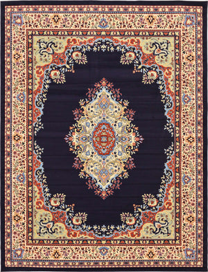Navy Blue 9' x 12' Reza Rectangle Area Rug 100% Polypropylene Easy Clean Traditional Motif Classic Carpet for Home Interiors for Sale at Rug Engine